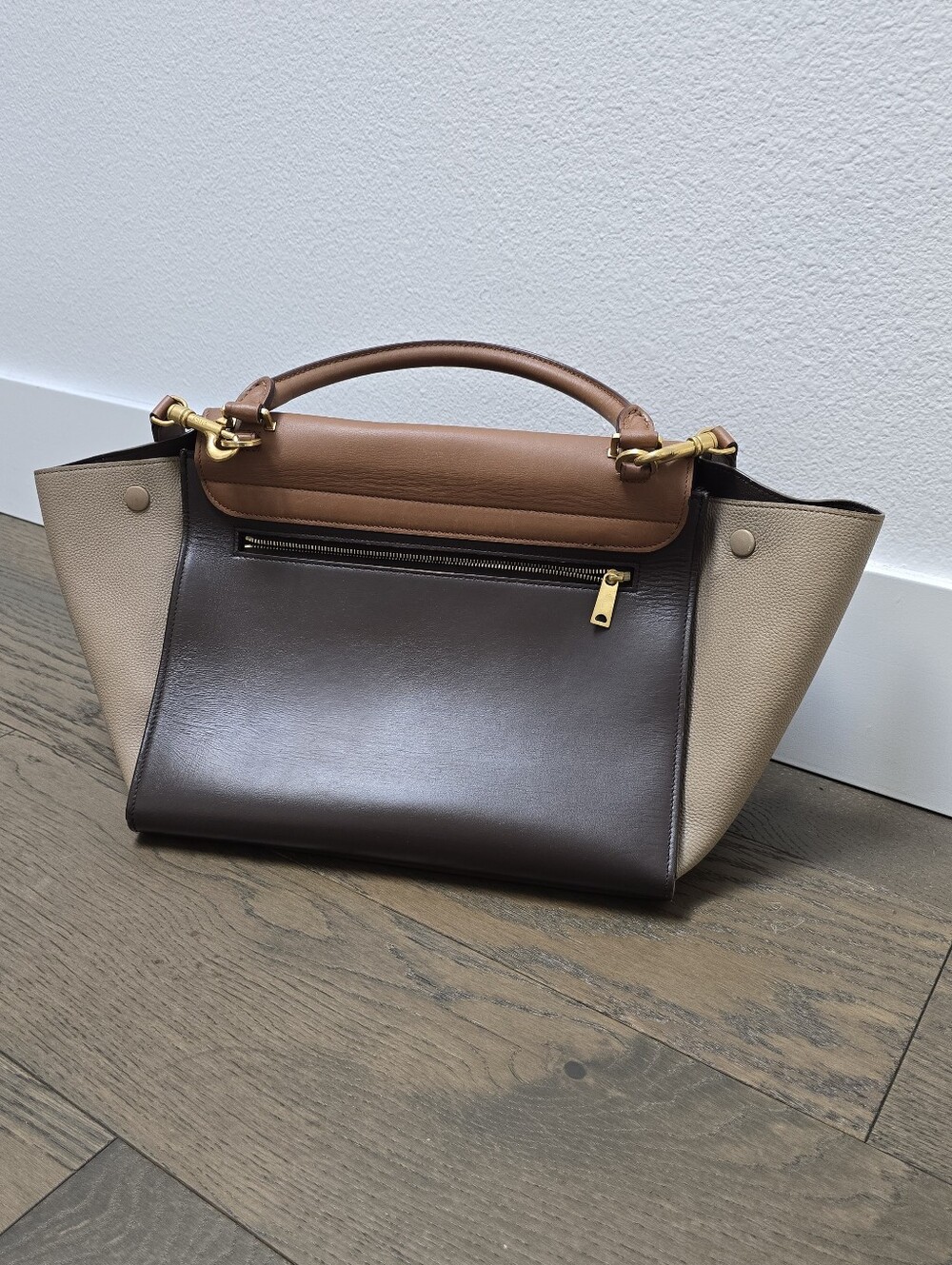 Celene Tricolor Medium Trapeze Luggage Satchel in Cognac Brown Tan - Picture 10 of 14